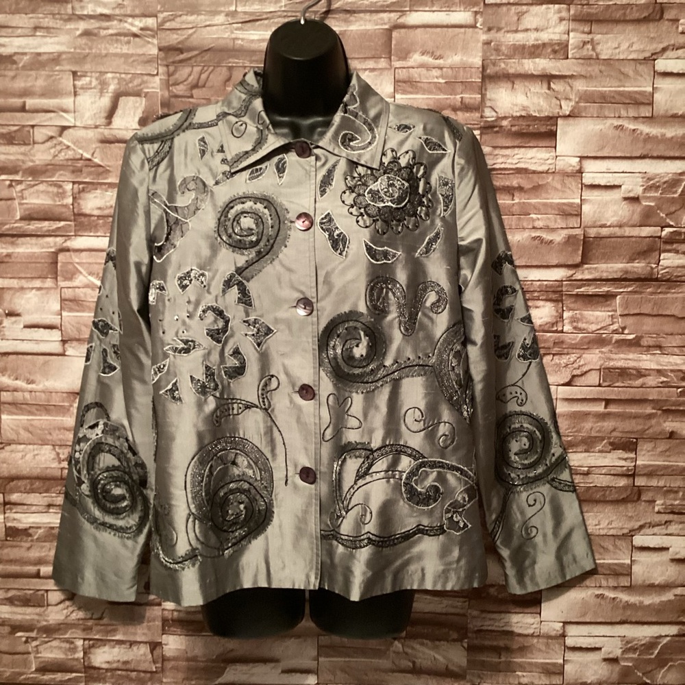 Cold water creek Chic Embroidered Gray Jacket M